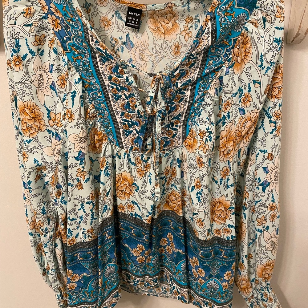 SHEIN Boho Floral Blouse - Teal and Mustard